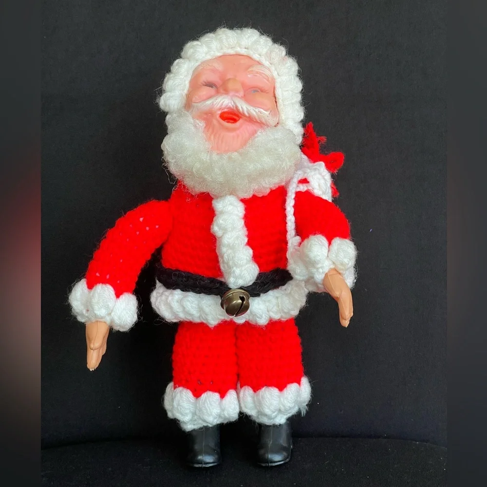 Vintage Crochet Santa Doll Pladtic Face Hands Boots 11” Jingle Bells Toy Sack